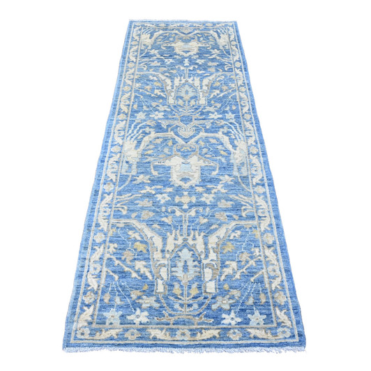 Oushak And Peshawar Wool Hand Knotted Rug Blue 2.10x7.9 -O020505