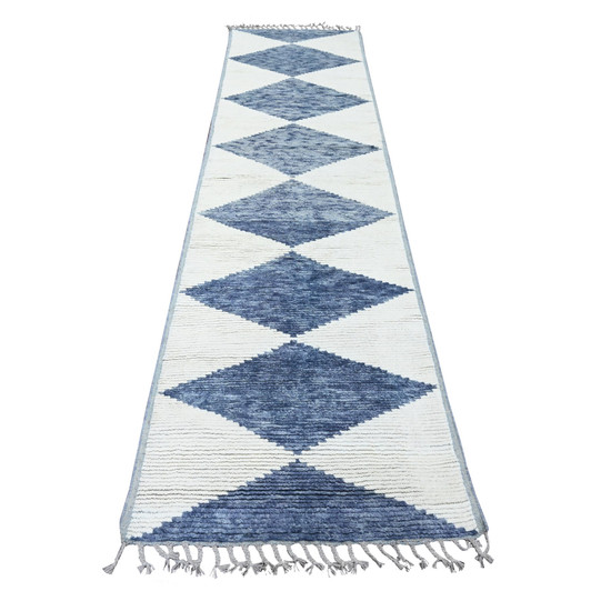 Tribal & Geometric Wool Hand Knotted Rug Blue 2.9x10.3 -O020553
