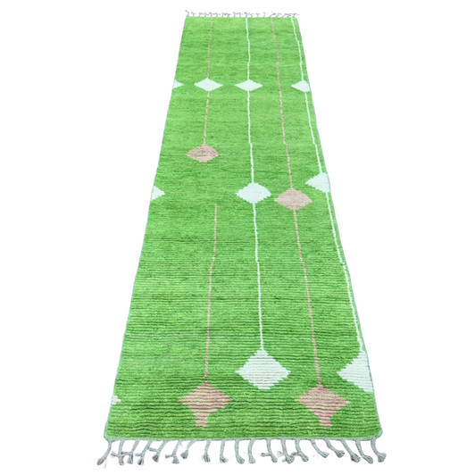 Tribal & Geometric Wool Hand Knotted Rug Green 2.5x9.0 -O020621