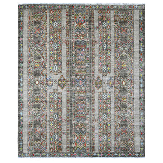 Tribal & Geometric Wool Hand Knotted Rug Grey 8.1x9.6 -O020637