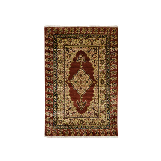 Fine Oriental Silk Hand Knotted Rug Red 4.0x6.0 -O075647