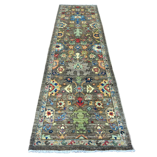 Oushak And Peshawar Wool Hand Knotted Rug Brown 3.2x11.8 -O089817