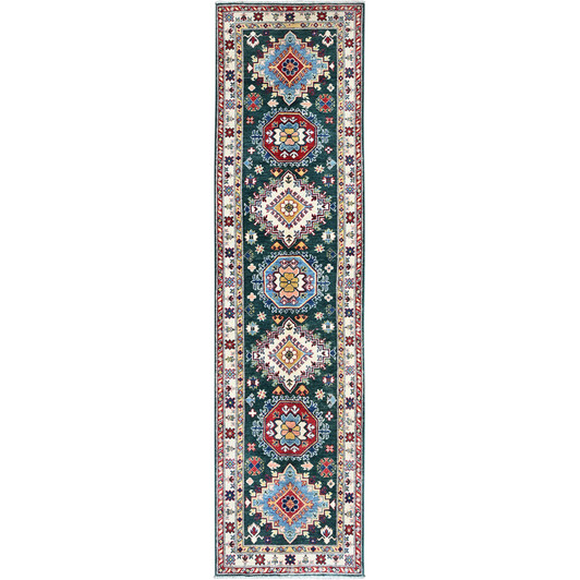 Kazak Wool Hand Knotted Rug Green 2.6x9.9 -O0439