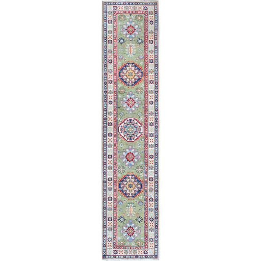 Kazak Wool Hand Knotted Rug Green 2.9x12.9 -O0541