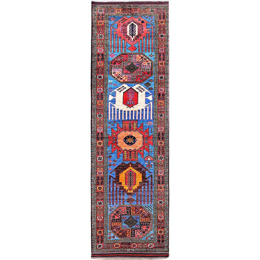 Kazak Wool Hand Knotted Rug Blue 3.1x9.7 -O0626