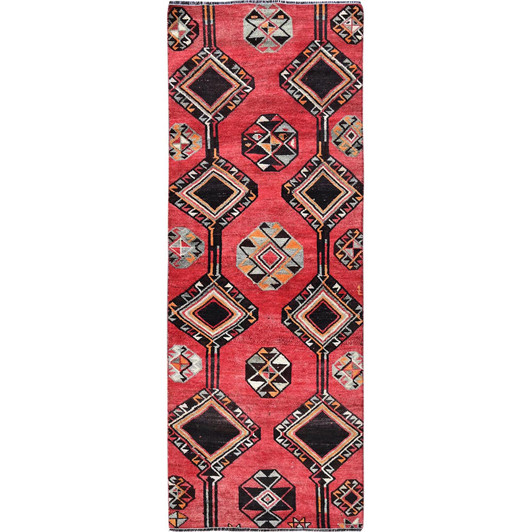 Overdyed & Vintage Wool Hand Knotted Rug Red 3.1x8.4 -O0777