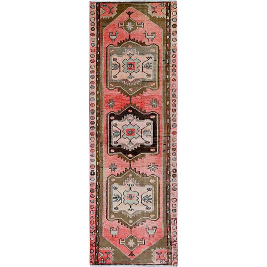 Overdyed & Vintage Wool Hand Knotted Rug Red 3.0x9.2 -O0793