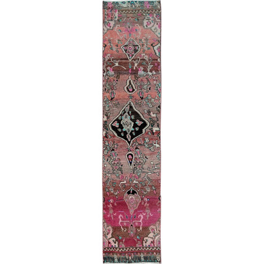 Overdyed & Vintage Wool Hand Knotted Rug Red 2.0x9.7 -O0839