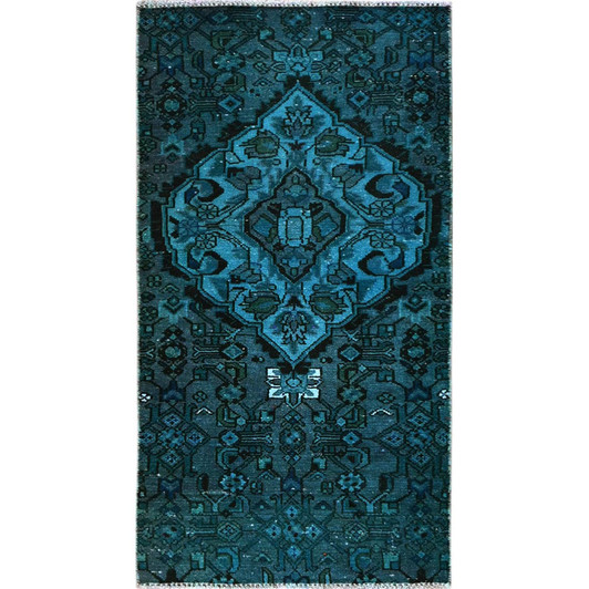 Overdyed & Vintage Wool Hand Knotted Rug Teal 2.3x4.5 -O0844