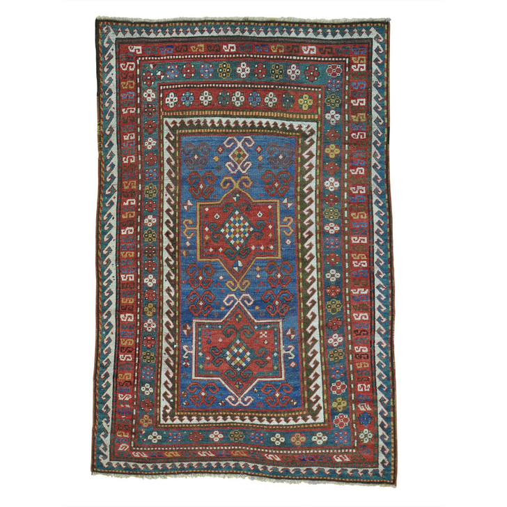 Antique Wool Hand Knotted Rug Blue Red 4.8X7.2 -O028231