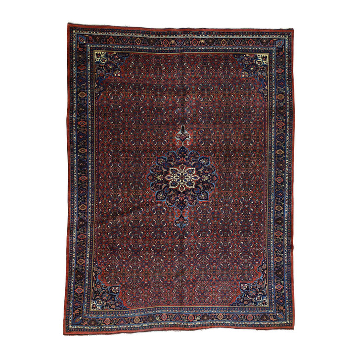 Antique Wool Hand Knotted Rug Red Navy Blue 10.5X13.9 -O032840