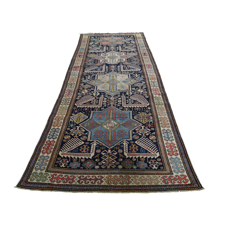 Antique Wool Hand Knotted Rug Blue Grey 4.0X10.4 -O042866