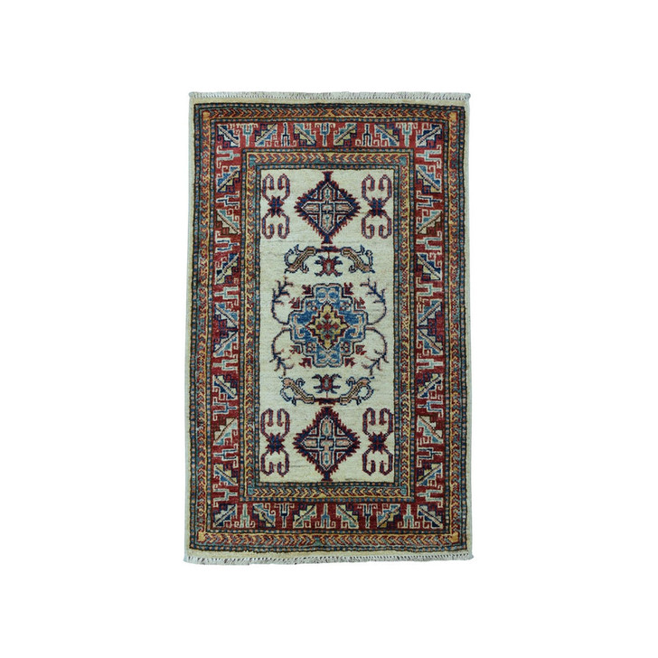 Kazak Wool Hand Knotted Rug Ivory Red 2.1X3.2 -O051013