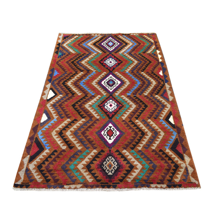 Tribal & Geometric Wool Hand Knotted Rug Multicolored No Border 3.7X6.1 -O053141