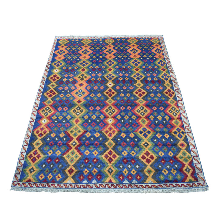 Tribal & Geometric Wool Hand Knotted Rug Blue No Border 4.1X5.8 -O053316
