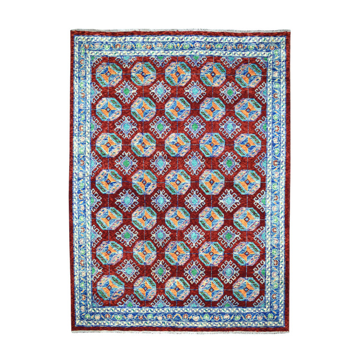 Tribal & Geometric Wool Hand Knotted Rug Red Blue 6.9X8.7 -O053348