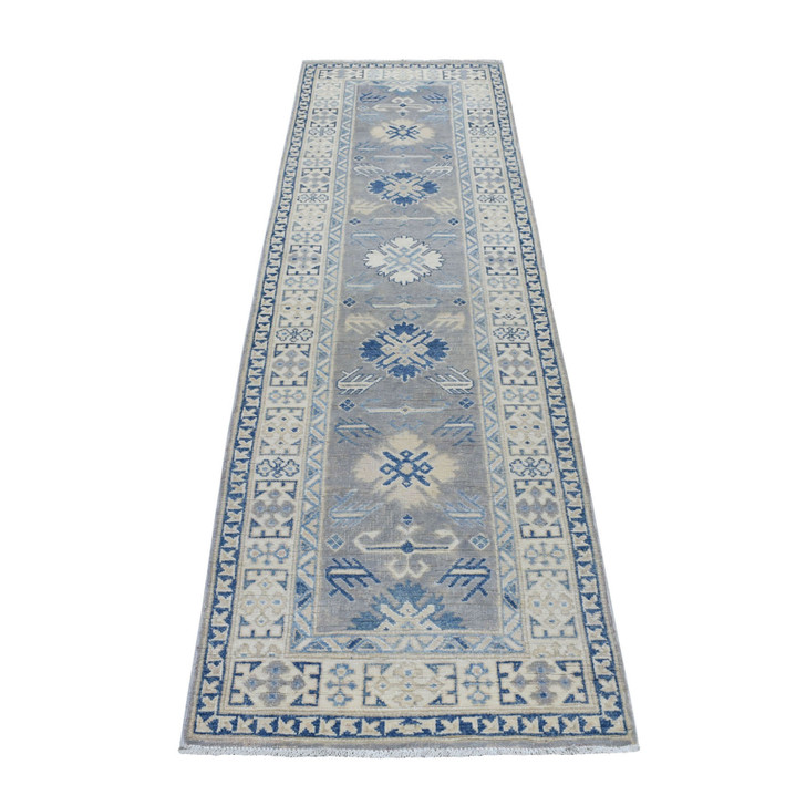 Kazak Wool Hand Knotted Rug Grey Ivory 2.6X9.4 -O054612