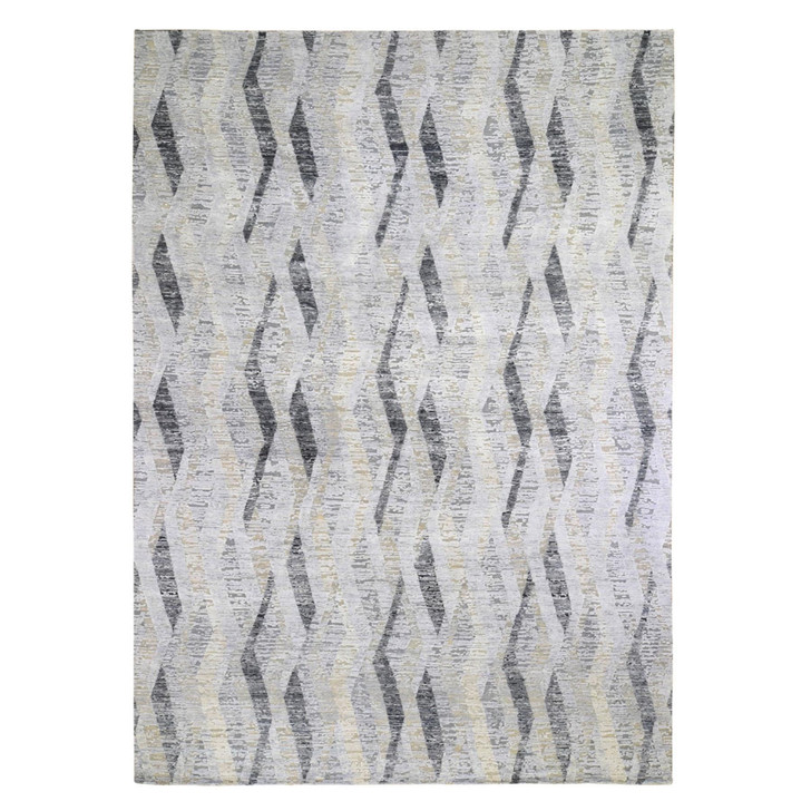 Modern and Contemporary Wool & Silk Hand Knotted Rug Grey No Border 10.0X14.0 -O059153