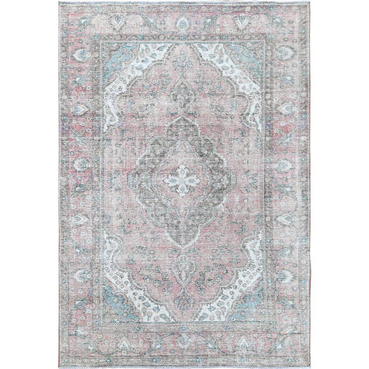White Wash Vintage & Silver Wash Worn Wool Hand Knotted Rug Red Red 6.8X9.8 -O060183