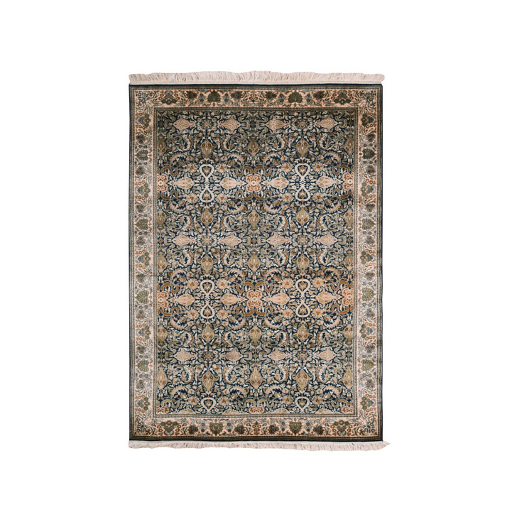 Fine Oriental Silk Hand Knotted Rug Blue No Border 4.1X6.0 -O075436