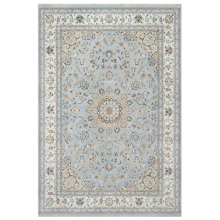 Fine Oriental Wool & Silk Hand Knotted Rug Blue Spring White 9.9X14.3 -O090872