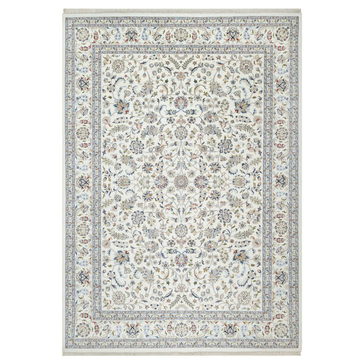 Fine Oriental Wool & Silk Hand Knotted Rug Ivory White 10.0X14.2 -O090866