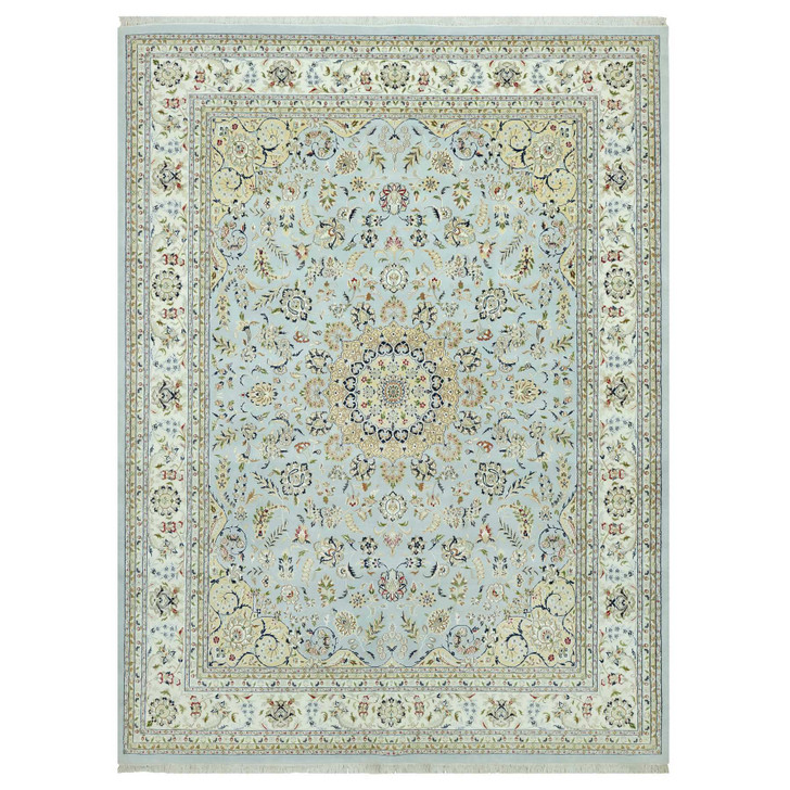 Fine Oriental Wool Hand Knotted Rug Blue Ivory 11.6X15.6 -O090608