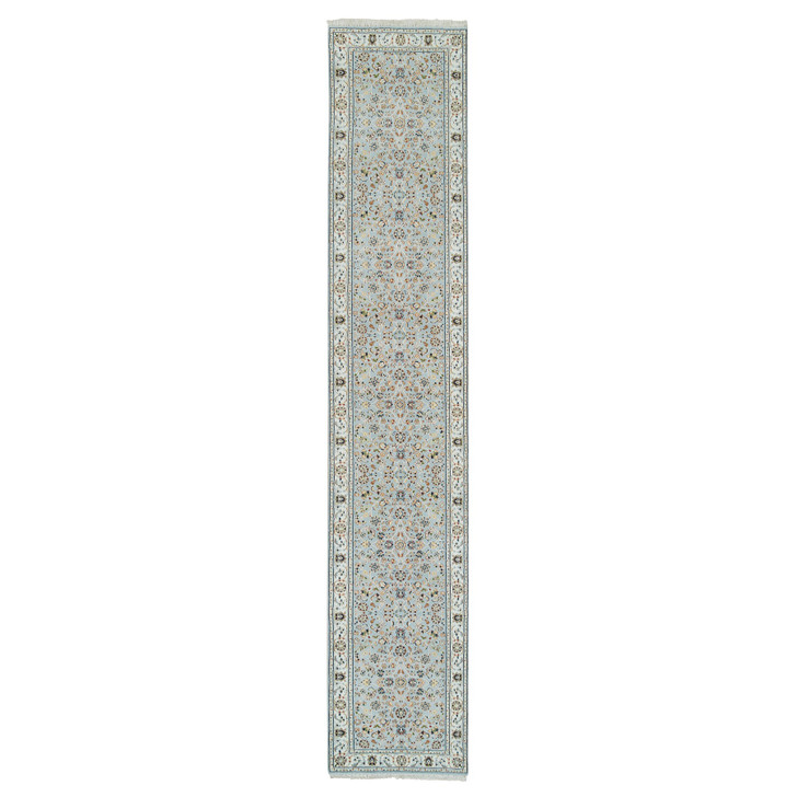 Fine Oriental Wool Hand Knotted Rug Blue Ivory 2.6X13.9 -O065335