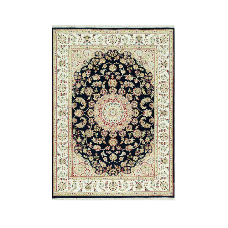 Fine Oriental Wool Hand Knotted Rug Blue Ivory 5.0X6.11 -O090493