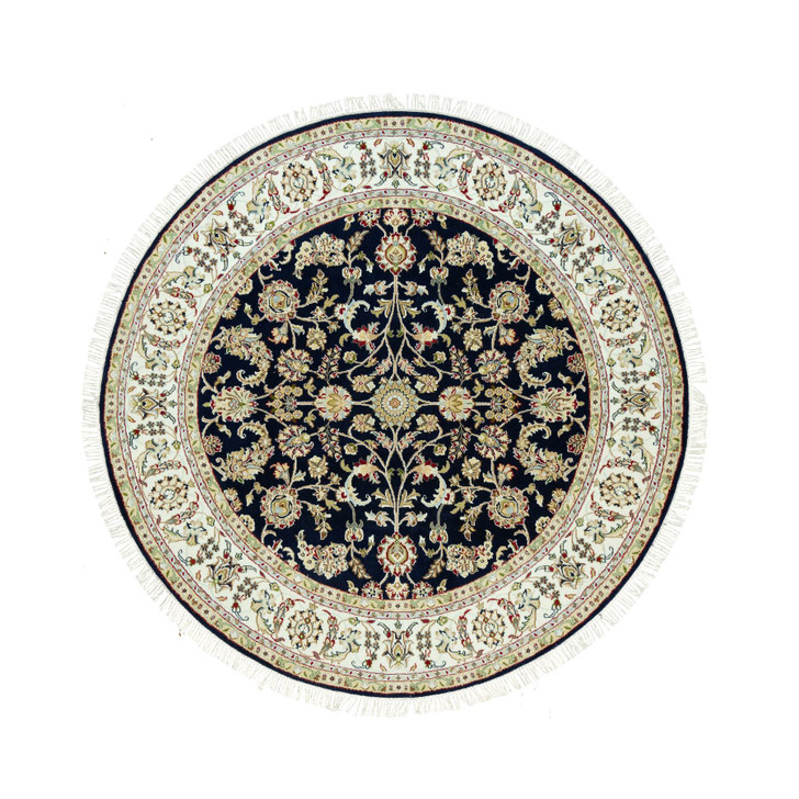 Fine Oriental Wool Hand Knotted Rug Blue Ivory 6.2X6.2 -O090499