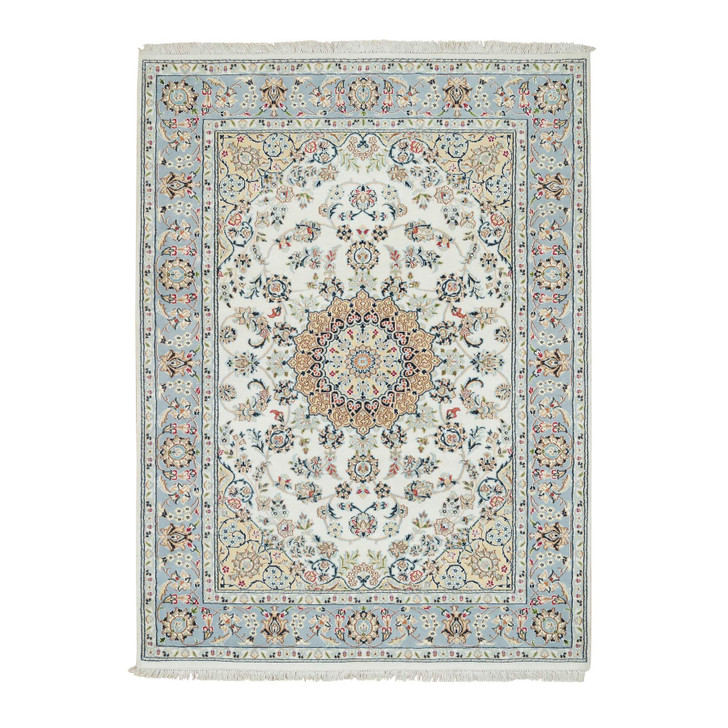 Fine Oriental Wool Hand Knotted Rug Ivory Blue 4.9X6.9 -O065317