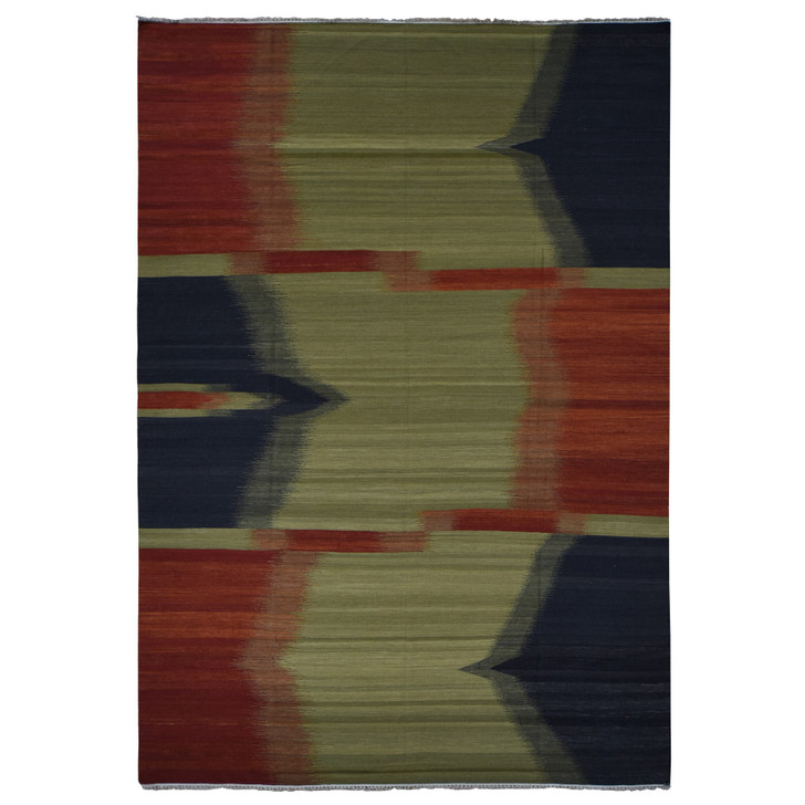 Flat Weave Wool Hand Woven Rug Green No Border 10.0X14.6 -O087936