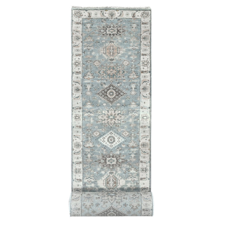 Heriz Wool Hand Knotted Rug Grey White 2.8X19.8 -O010025