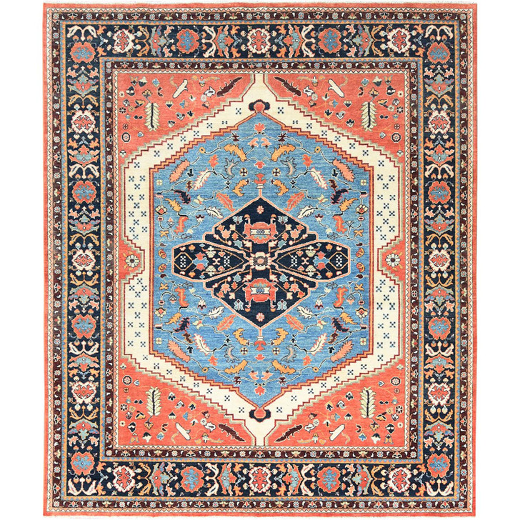Heriz Wool Hand Knotted Rug Orange Navy Blue 8.0X9.6 -O082676