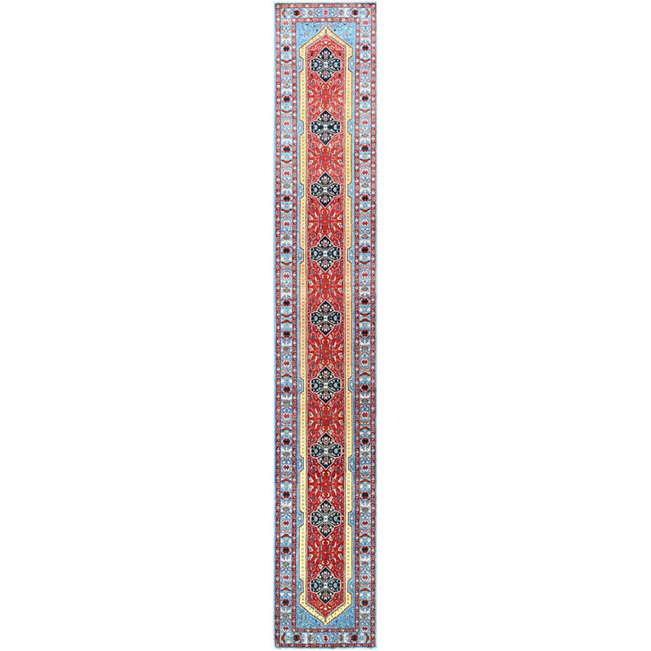 Heriz Wool Hand Knotted Rug Orange Uranian Blue 2.9X17.5 -O0187