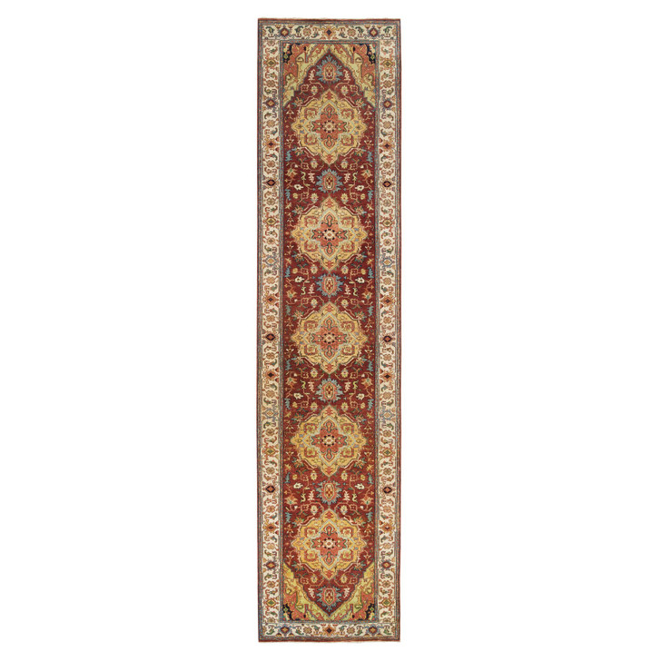 Heriz Wool Hand Knotted Rug Red Cream 2.7X12.0 -O065476
