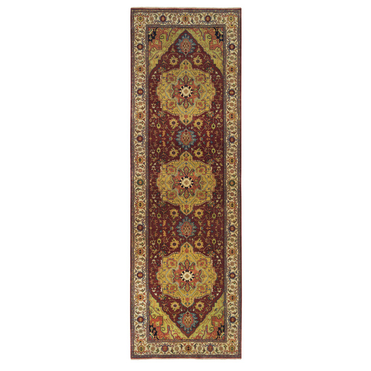 Heriz Wool Hand Knotted Rug Red Cream 3.10X12.1 -O065499