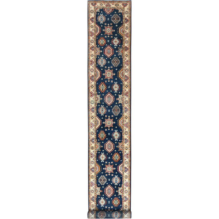 Kazak Wool Hand Knotted Rug Blue Cream 3.0X18.6 -O082946