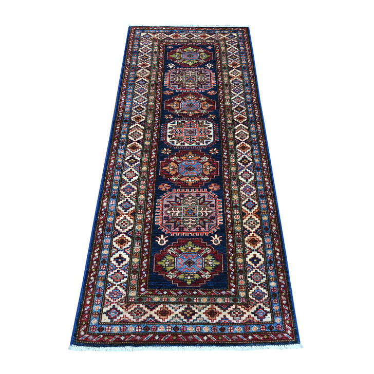 Kazak Wool Hand Knotted Rug Blue Ivory 2.7X6.4 -O089224