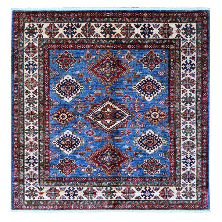 Kazak Wool Hand Knotted Rug Blue Ivory 5.11X5.11 -O089213