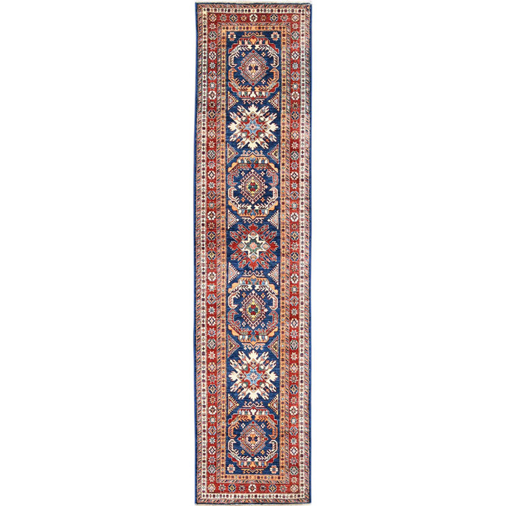 Kazak Wool Hand Knotted Rug Blue Red 2.6X11.0 -O061456