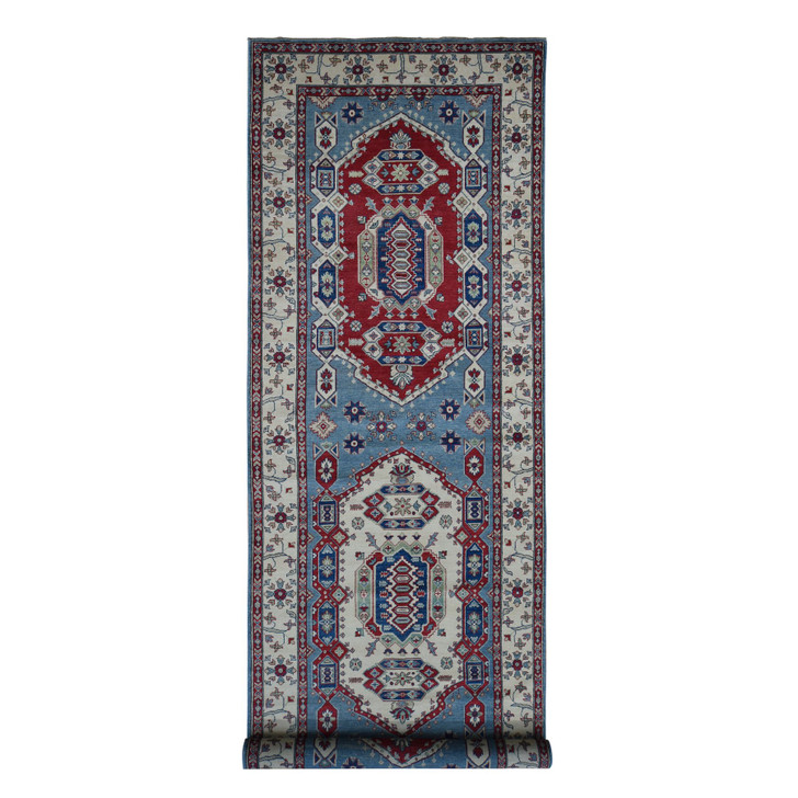Kazak Wool Hand Knotted Rug Blue White 5.3X19.9 -O087986