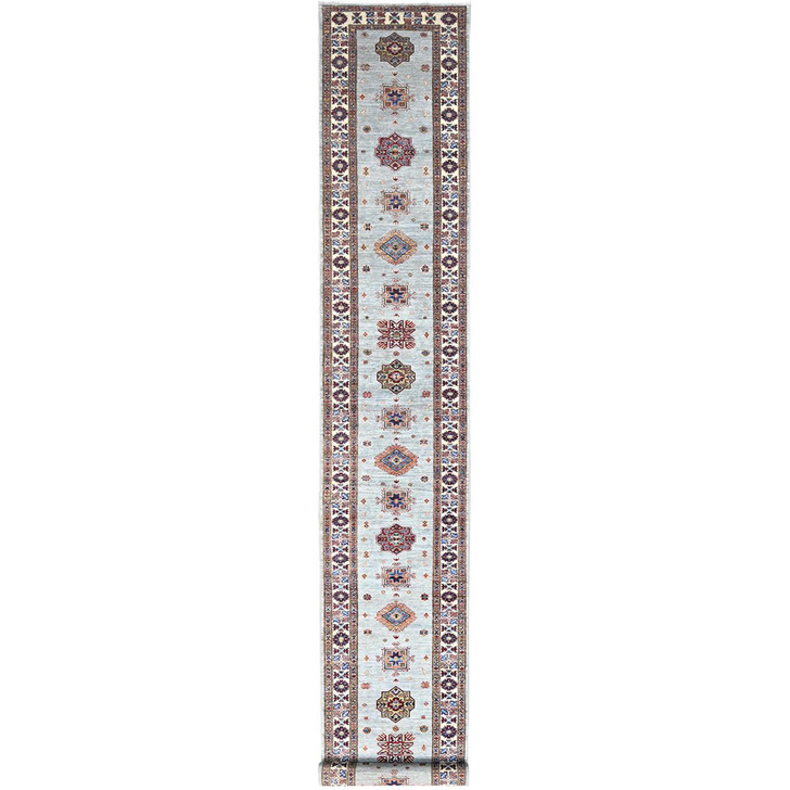 Kazak Wool Hand Knotted Rug Grey Ivory 2.11X22.7 -O0126