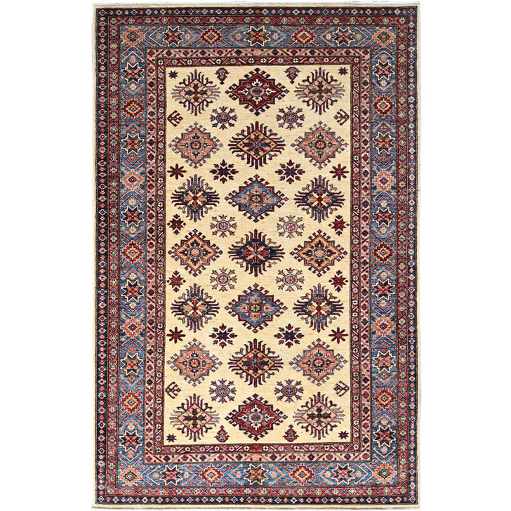 Kazak Wool Hand Knotted Rug Ivory Blue 5.11X9.3 -O086559