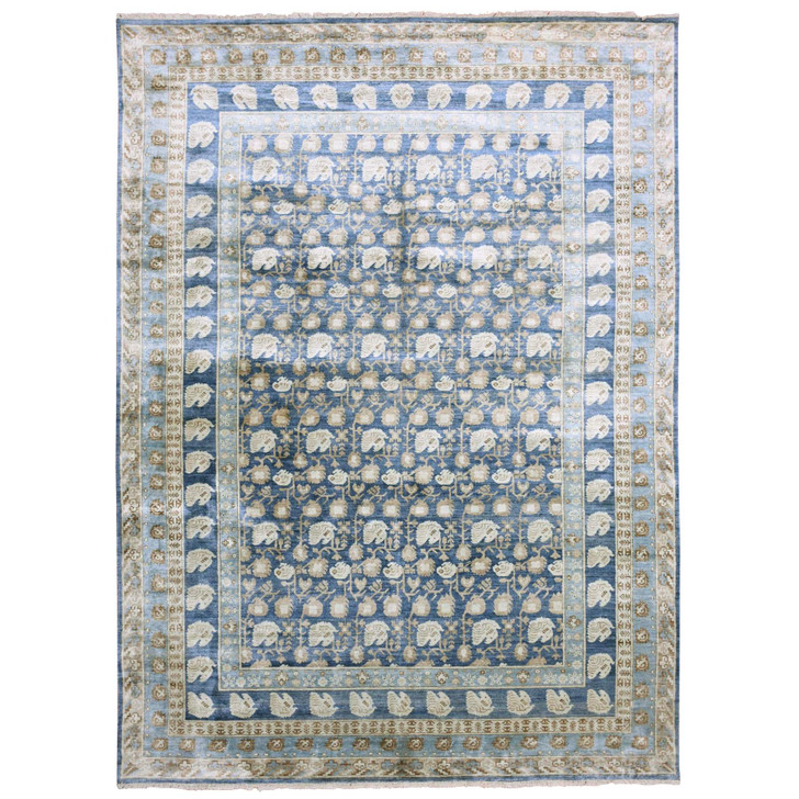 Khotan and Samarkand Silk Hand Knotted Rug Blue Denim Blue 8.9X12.0 -O075242