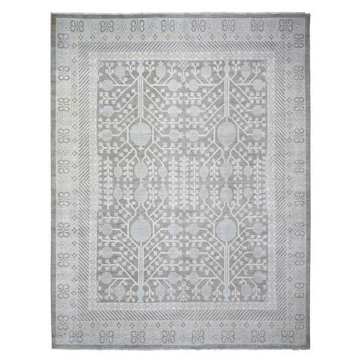 Khotan and Samarkand Wool Hand Knotted Rug Grey Ivory 11.2X14.3 -O073281