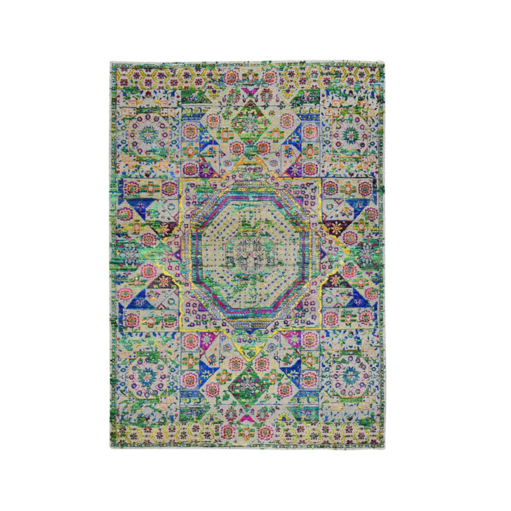 Mamluk Wool & Art Silk Hand Knotted Rug Green No Border 5.0X7.0 -O059728