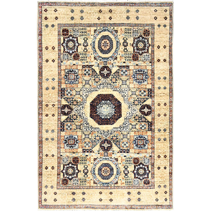 Mamluk Wool Hand Knotted Rug Ivory Ivory 3.10X6.0 -O085859