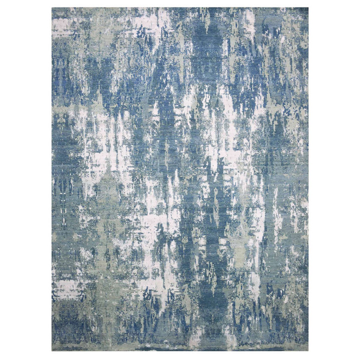 Modern and Contemporary Wool & Pure Silk Hand Knotted Rug Blue No Border 12.2X15.1 -O075102