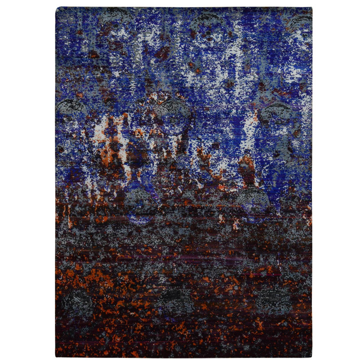 Modern and Contemporary Wool & Sari Silk Hand Knotted Rug Blue No Border 8.10X12.0 -O087098
